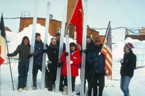 Science demands cooperation. By working together, these French, Russian, and American scientists were able to accomplish their goal: the long segments of ice they so proudly hold symbolize this sense of cooperation. Just as researching the Earth's climatic history requires collaboration between different individuals and different nations, preparing scientific, political, and social solutions for Earth's climatic future demands a level of cooperation far beyond that currently existing. While different nations and different peoples draw lines of separation and division on the globe, we all must realize that we share one, single planet, and that its destiny, good or bad, is the destiny of us all.